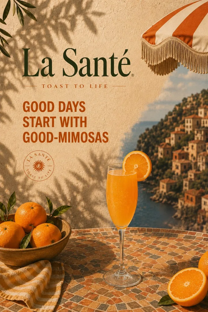 Poster reading Good days start with good mimosas, with a mimosa on a sunny terrace table beside oranges