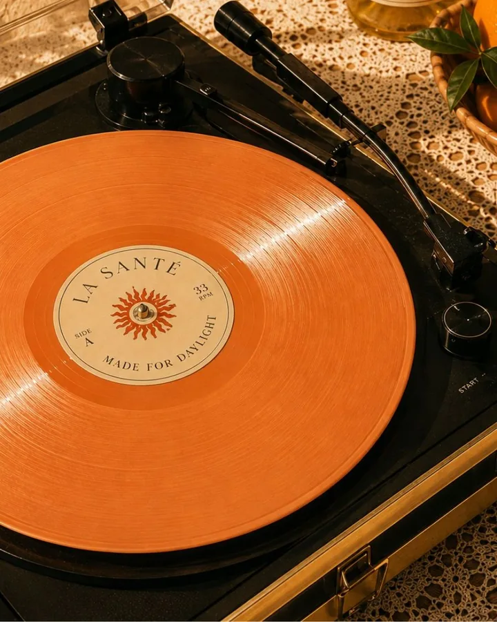 An orange vinyl record with a La Santé label, spinning on a turntable in warm sun