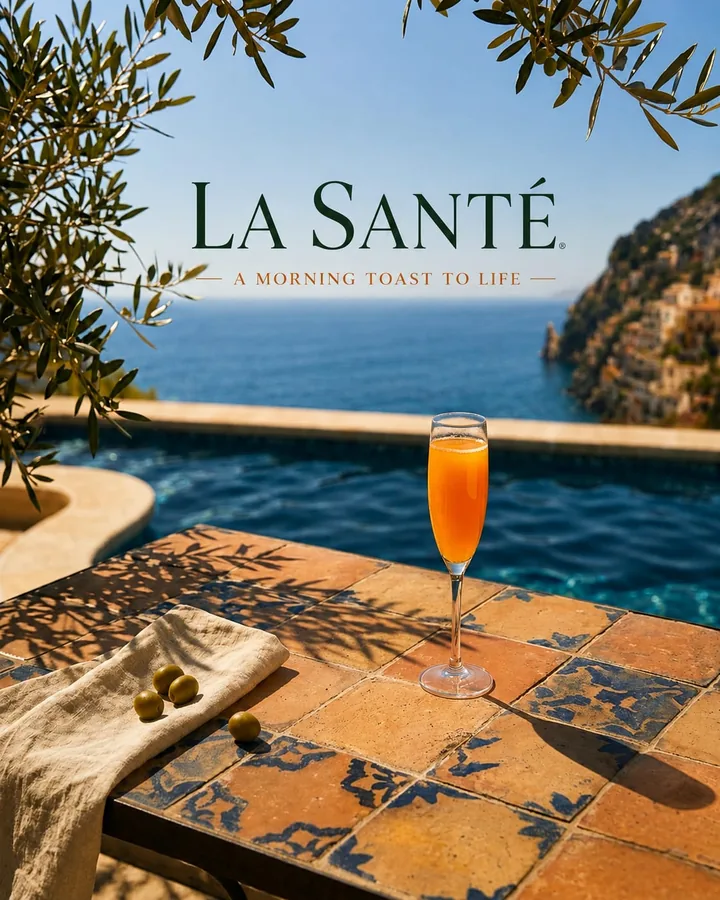 A La Santé mimosa on a tiled terrace table beside a pool overlooking the sea