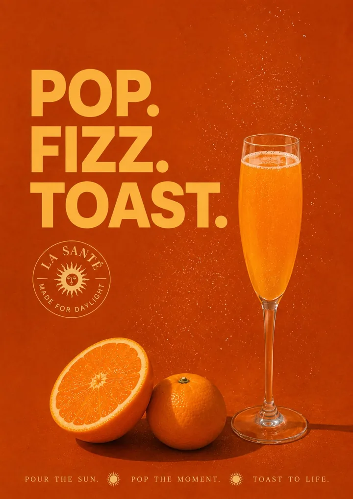 Poster reading Pop. Fizz. Toast. with a glass of mimosa and oranges on an orange background