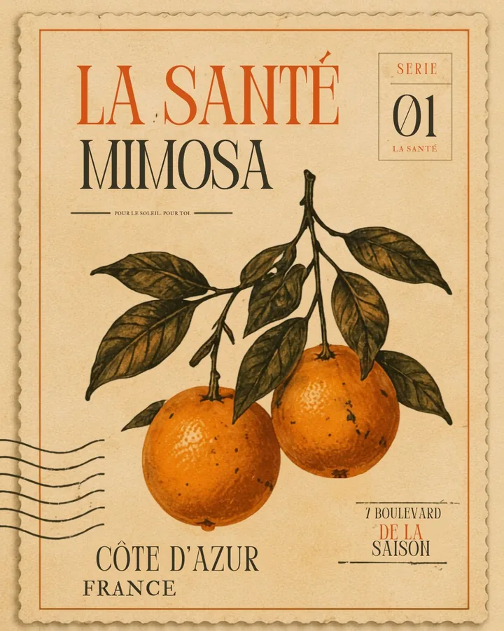 Vintage postcard-style poster for La Santé Mimosa with a branch of oranges