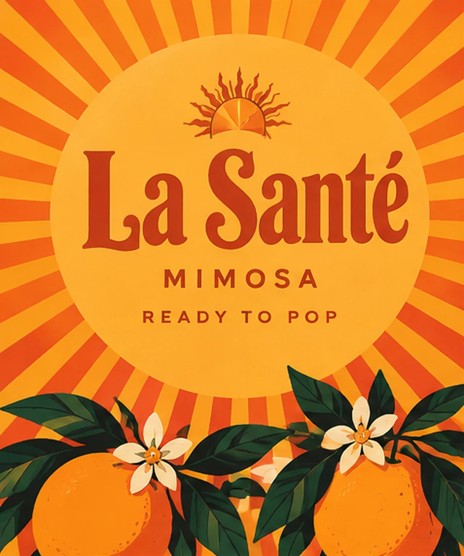 La Santé Mimosa, ready to pop: a retro poster with a sunburst, oranges and orange blossom